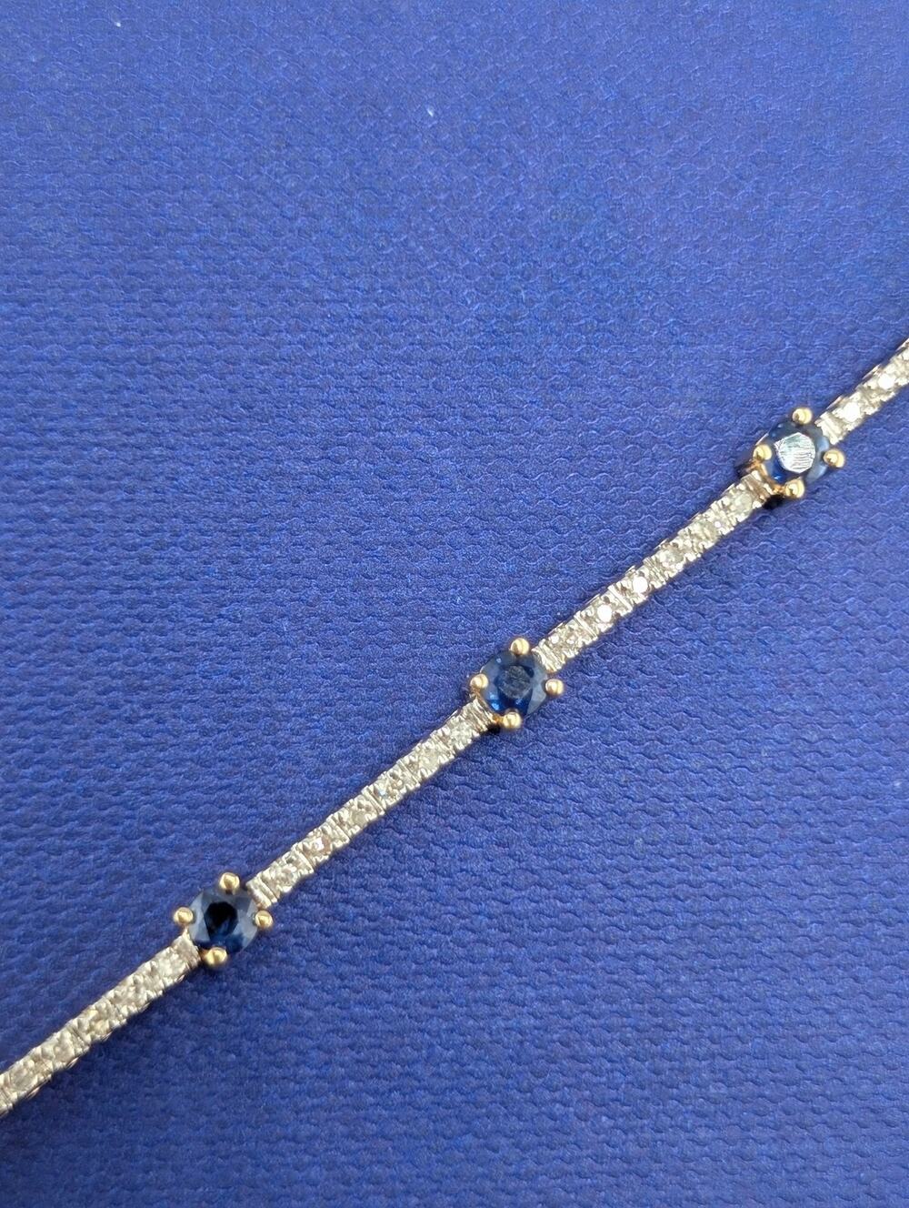14k Yellow and White Gold Line Bracelet with Sapphire & Diamond - 8.1g